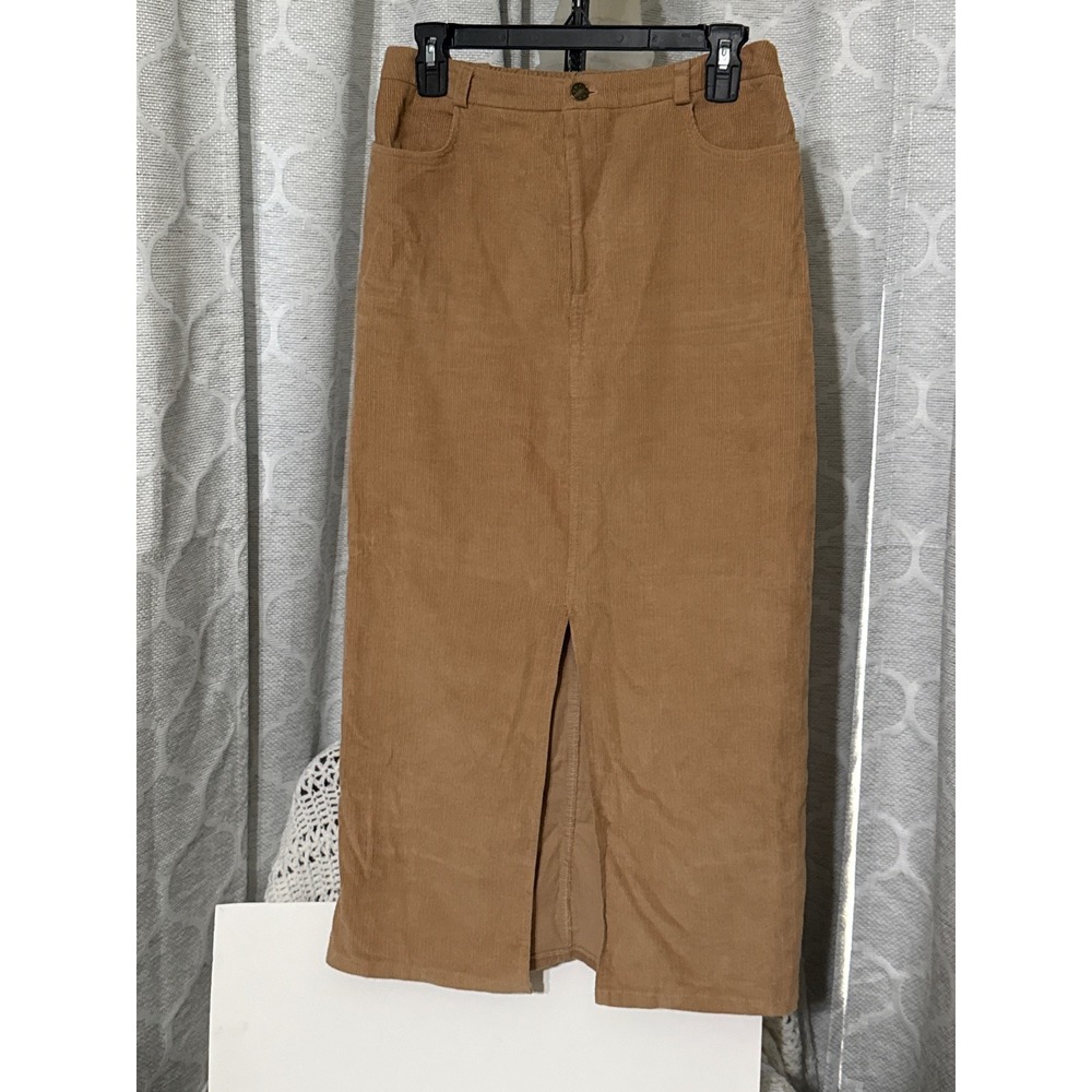 Kirious Tan Corduroy Maxi Skirt Front Slit Cotton Size Medium Camel Brown